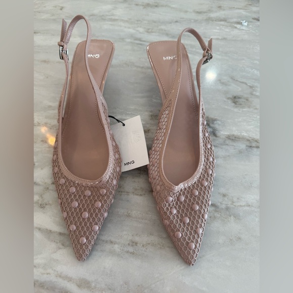 Mango MNG Blush Nude Mesh Slingback Kitten Heels Decorative Balls Euro 39 US 8.5 - Picture 7 of 11
